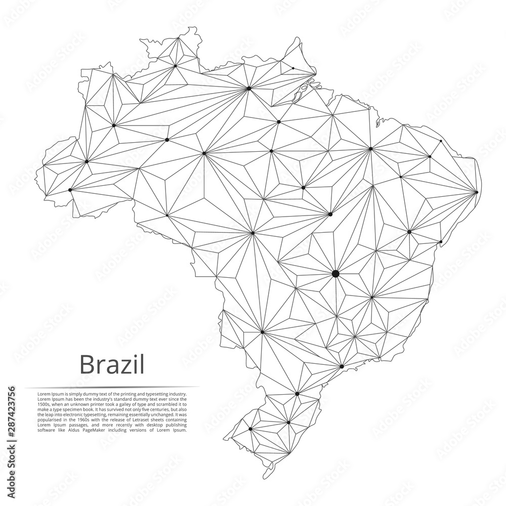 Brazil communication network map. Vector low poly image of a global map with lights in the form of cities in or population density consisting of points and shapes in the form of stars and space.