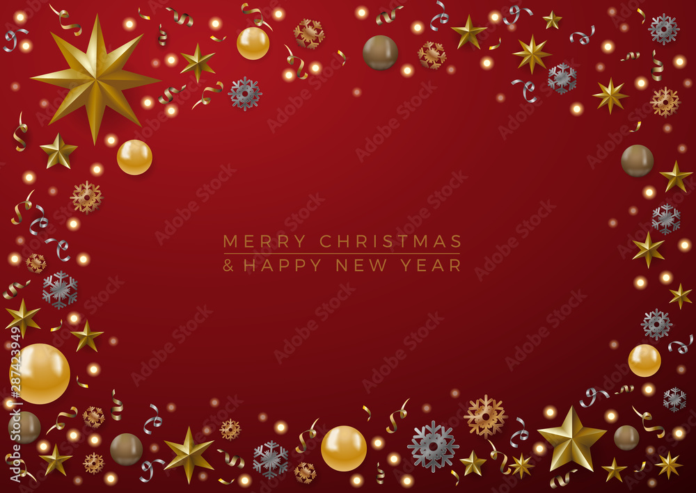 Christmas decorations with copy space in a frame and text on red background