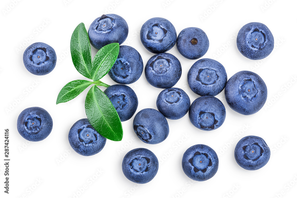 fresh ripe blueberry with leaves isolated on white background. Top view. Flat lay pattern fresh ripe blueberry with leaves isolated on white background. Top view. Flat lay pattern