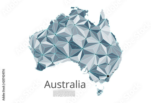Australia communication network map. Vector low poly image of a global map with lights in the form of cities in or population density consisting of points and shapes and space. Easy to edit