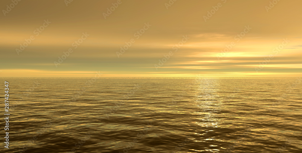 Obraz premium Yellow empty wavy sea under a cloudy sky. 3d illustration.