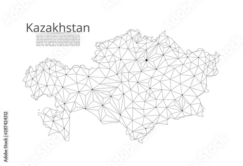 Kazakhstan communication network map. Vector low poly image of a global map with lights in the form of cities in or population density consisting of points and shapes and space. Easy to edit