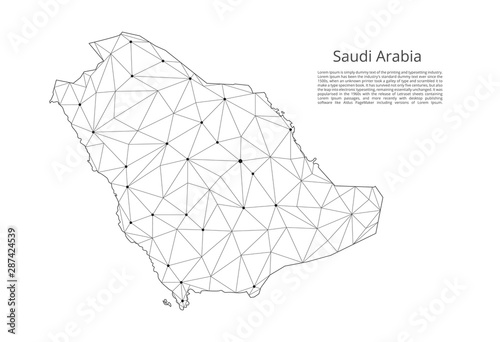 Saudi Arabia communication network map. Vector low poly image of a global map with lights in the form of cities in or population density consisting of points and shapes and space. Easy to edit