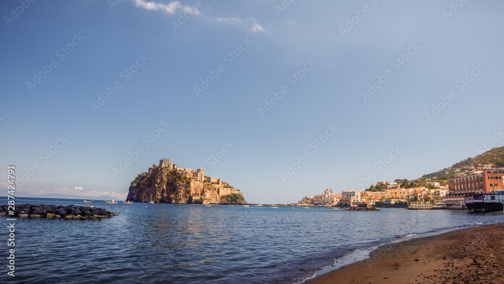 Sunny day on Ischia beach in Naples Italy., summer time holiday