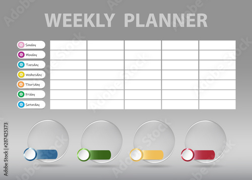 Weekly planner desk on the gray background with four transparent glass balls for quarter markings ready for your text. Week starts Sunday.