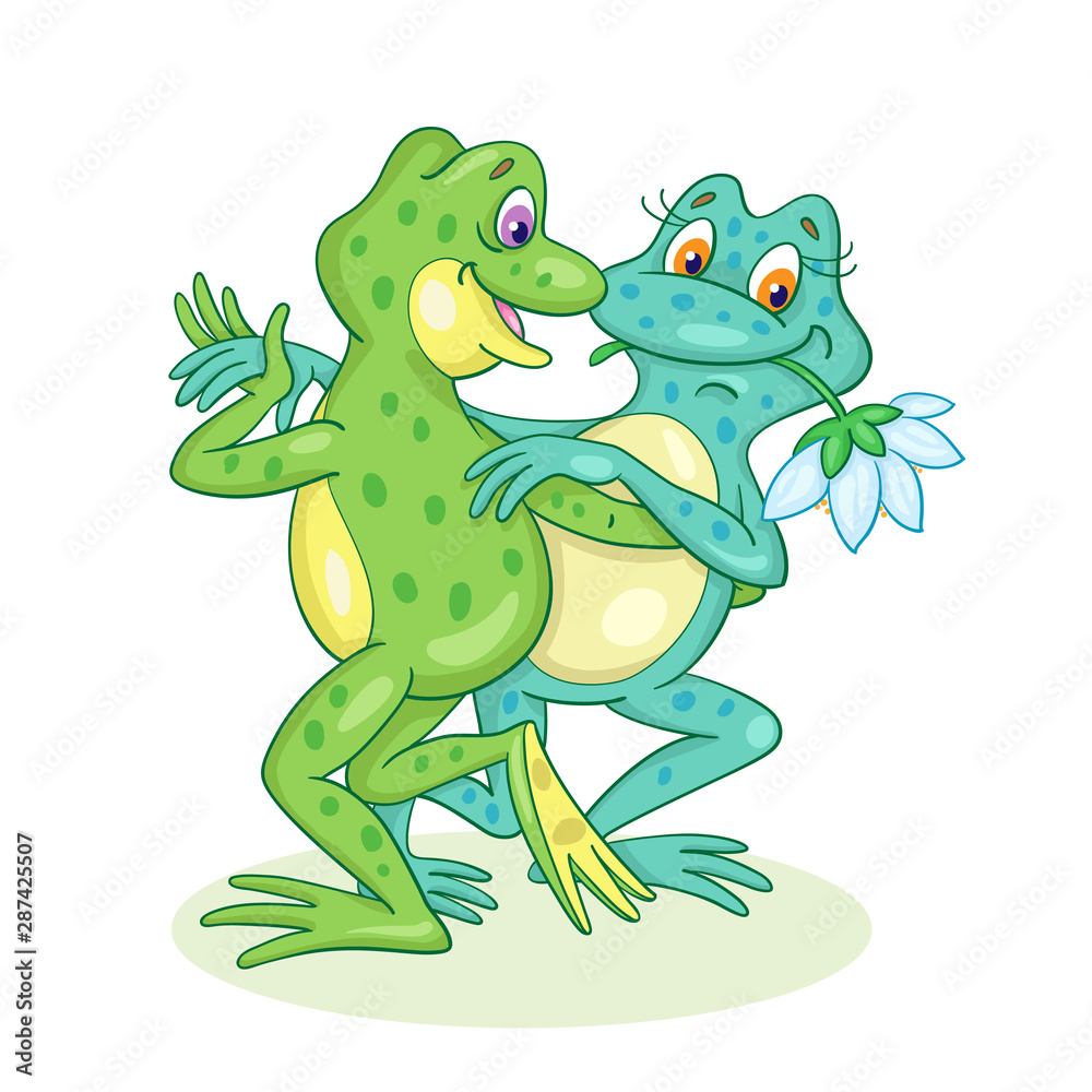 Naklejka premium Dancing Frogs. A pair of two funny frogs dancing tango. In cartoon style. Isolated on a white background.
