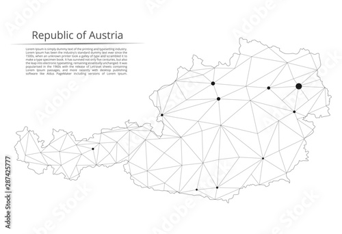 The map of the network of the Austria. Vector low-poly image of a global map with lights in the form of a population density of cities consisting of shapes. Easy to edit