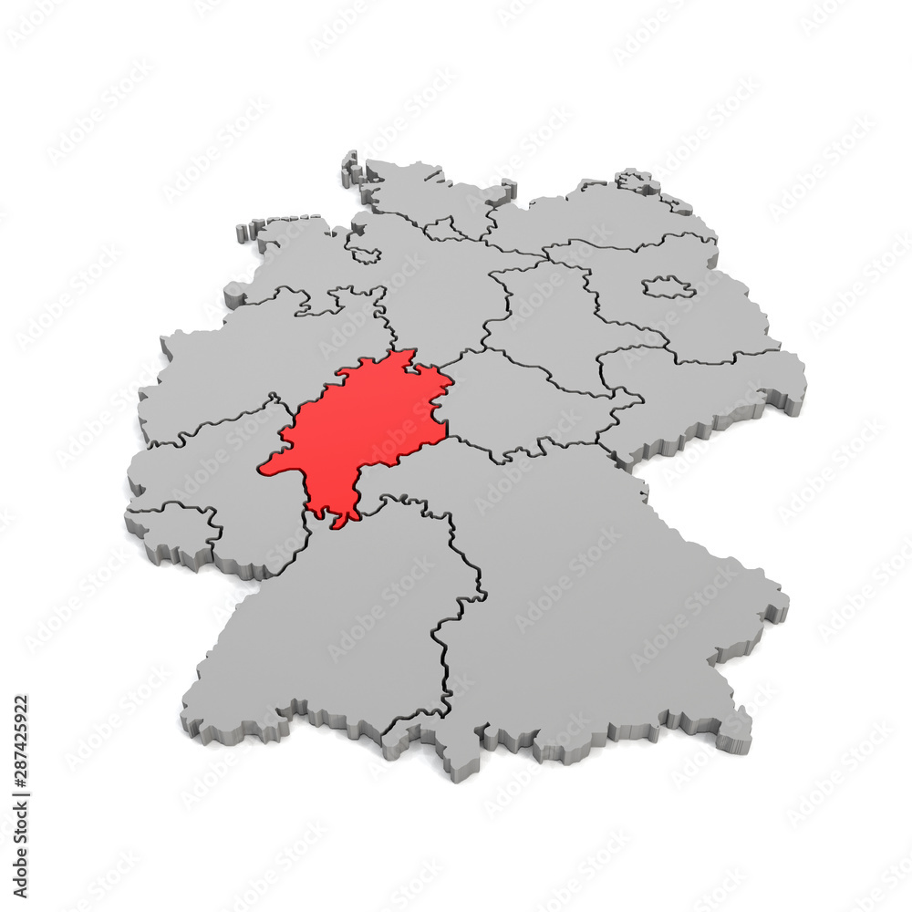 3d Illustation - Deutschlandkarte in grau mit Fokus auf Hessen in rot - 16 Bundesländer 3d Illustation - Deutschlandkarte in grau mit Fokus auf Hessen in rot - 16 Bundesländer