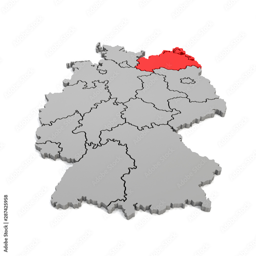 3d Illustation - Deutschlandkarte in grau mit Fokus auf Mecklenburg-Vorpommern in rot - 16 Bundesländer