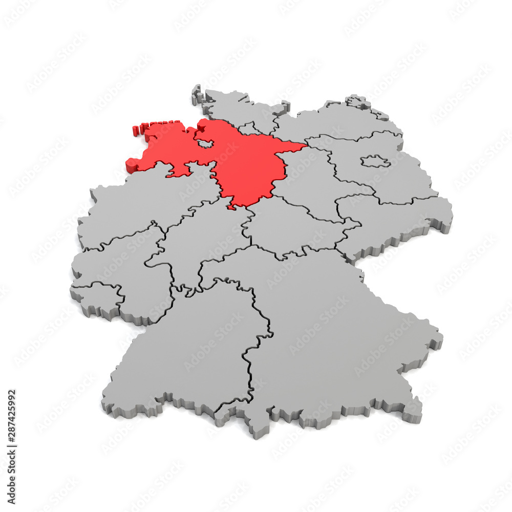 3d Illustation - Deutschlandkarte in grau mit Fokus auf Niedersachsen in rot - 16 Bundesländer
