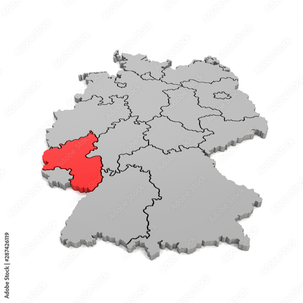 3d Illustation - Deutschlandkarte in grau mit Fokus auf Rheinland-Pfalz in rot - 16 Bundesländer
