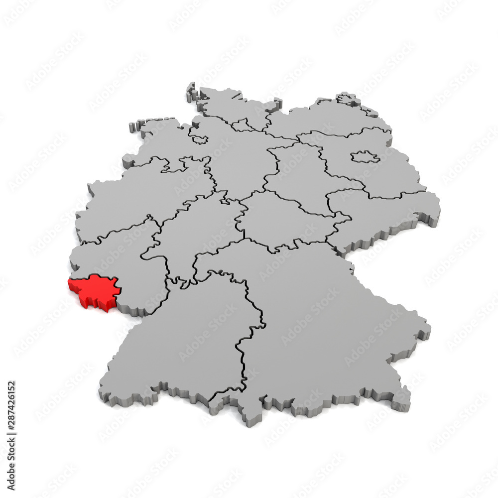 3d Illustation - Deutschlandkarte in grau mit Fokus auf Saarland in rot - 16 Bundesländer