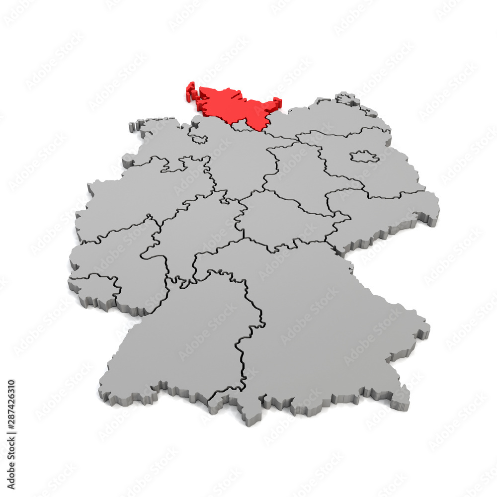 3d Illustation - Deutschlandkarte in grau mit Fokus auf Schleswig-Holstein in rot - 16 Bundesländer