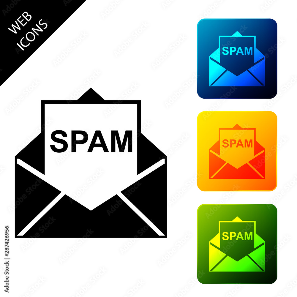 Envelope with spam icon isolated. Concept of virus, piracy, hacking and security. Set icons colorful square buttons. Vector Illustration Envelope with spam icon isolated. Concept of virus, piracy, hacking and security. Set icons colorful square buttons. Vector Illustration