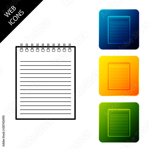 Notebook icon isolated. Spiral notepad icon. School notebook. Writing pad. Diary for business. Notebook cover design. Set icons colorful square buttons. Vector Illustration