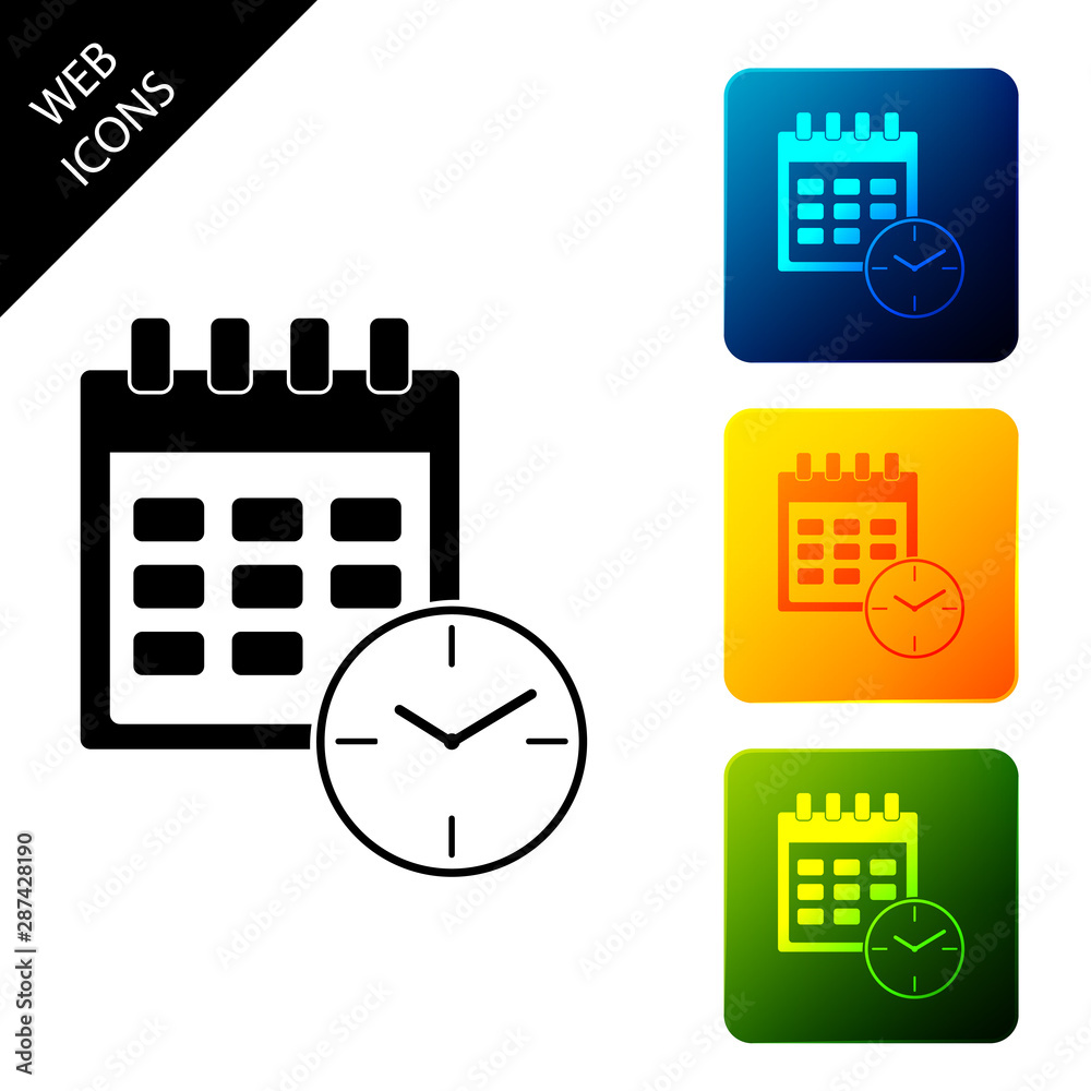 Calendar and clock icon isolated. Schedule, appointment, organizer, timesheet, time management, important date. Date and time sign. Set icons colorful square buttons. Vector Illustration Calendar and clock icon isolated. Schedule, appointment, organizer, timesheet, time management, important date. Date and time sign. Set icons colorful square buttons. Vector Illustration