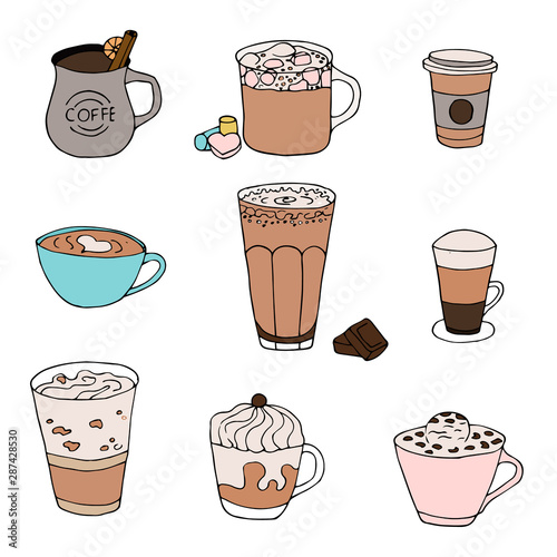 Coffee cups collection. Flat vector illustartion. Hand drawn coffee set.