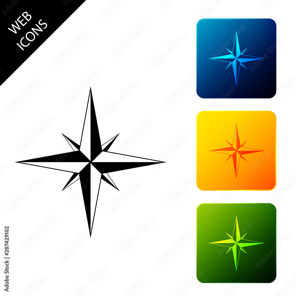 Wind rose icon isolated. Compass icon for travel. Navigation design. Set icons colorful square buttons. Vector Illustration