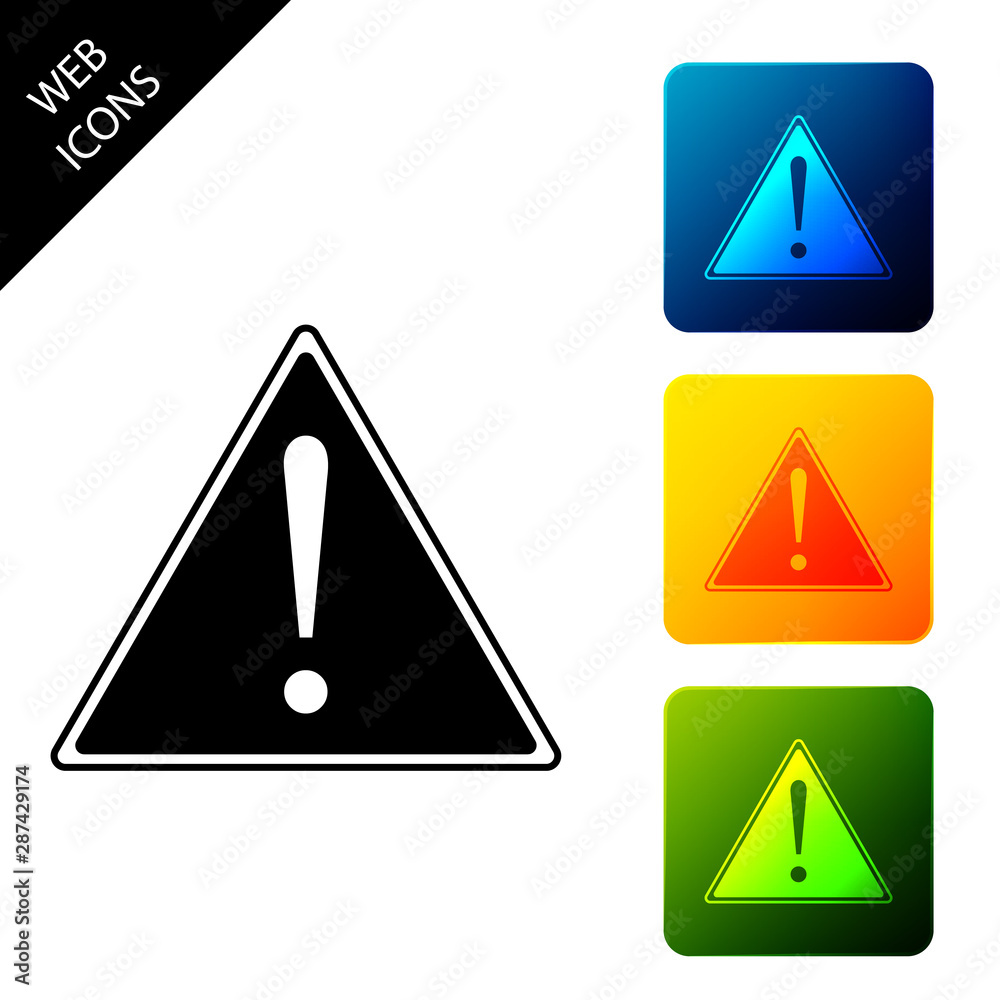 Exclamation mark in triangle icon isolated. Hazard warning sign, careful, attention, danger warning important sign. Set icons colorful square buttons. Vector Illustration