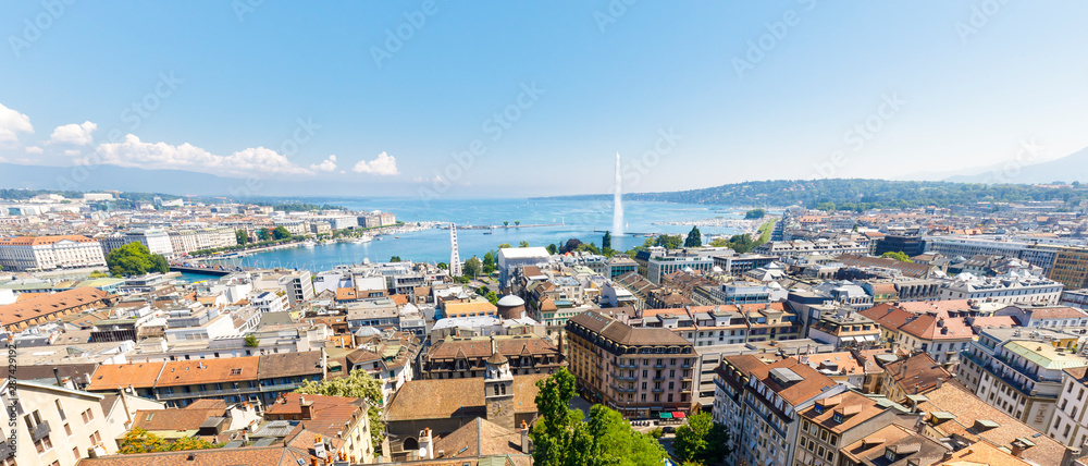 Cityscape of Geneva with fountain Jet d'eau in Switzerland