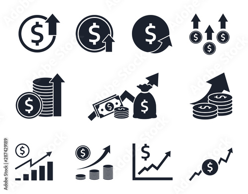 currency increase icon set, money rate growth, dollar signs