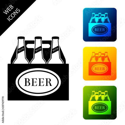 Pack of beer bottles icon isolated. Case crate beer box sign. Set icons colorful square buttons. Vector Illustration