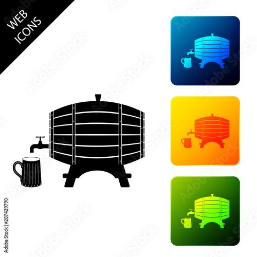 Wooden barrel on rack with stopcock and wooden beer mug icon isolated. Set icons colorful square buttons. Vector Illustration