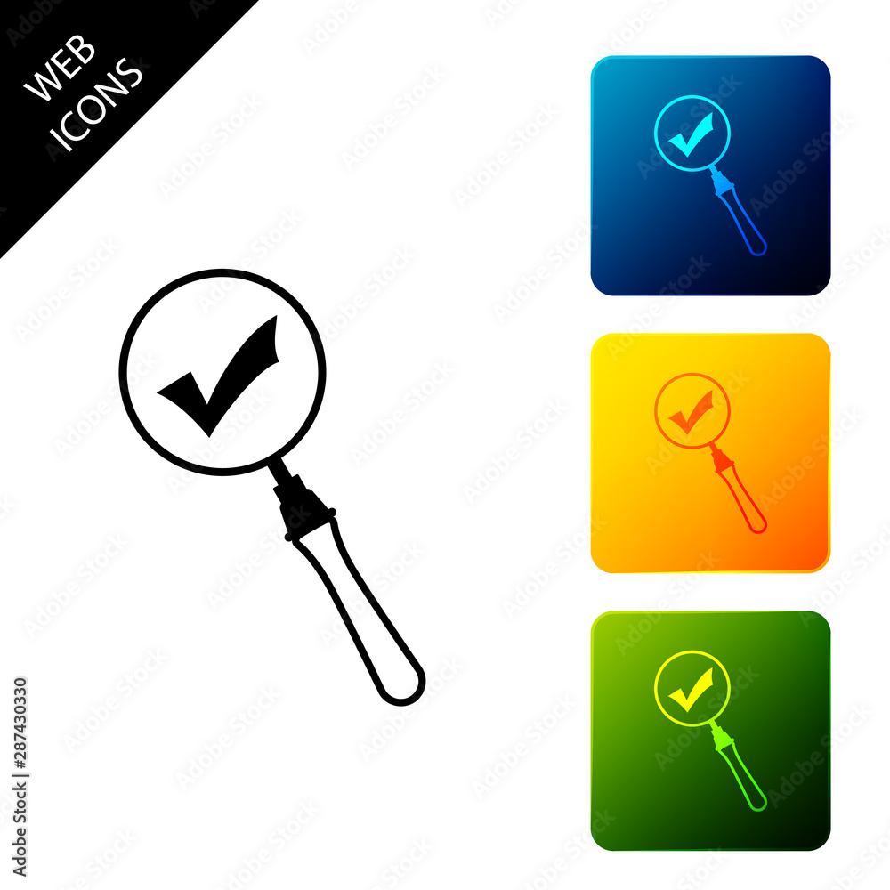 Magnifying glass and check mark icon isolated. Magnifying glass and approved, confirm, done, tick, completed symbol. Set icons colorful square buttons. Vector Illustration Magnifying glass and check mark icon isolated. Magnifying glass and approved, confirm, done, tick, completed symbol. Set icons colorful square buttons. Vector Illustration