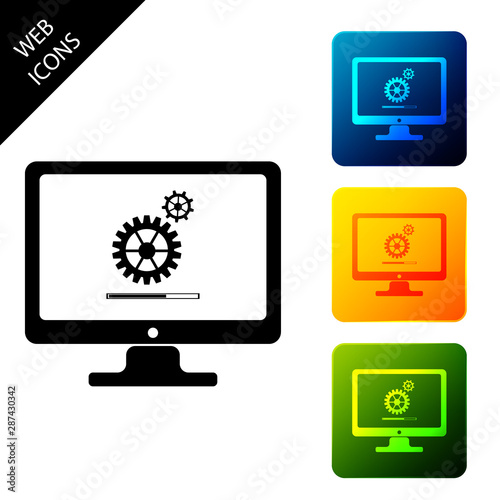 Computer monitor update process with gear progress and loading bar icon. System software update. Adjusting app, setting options, maintenance, repair. Set colorful square buttons. Vector Illustration