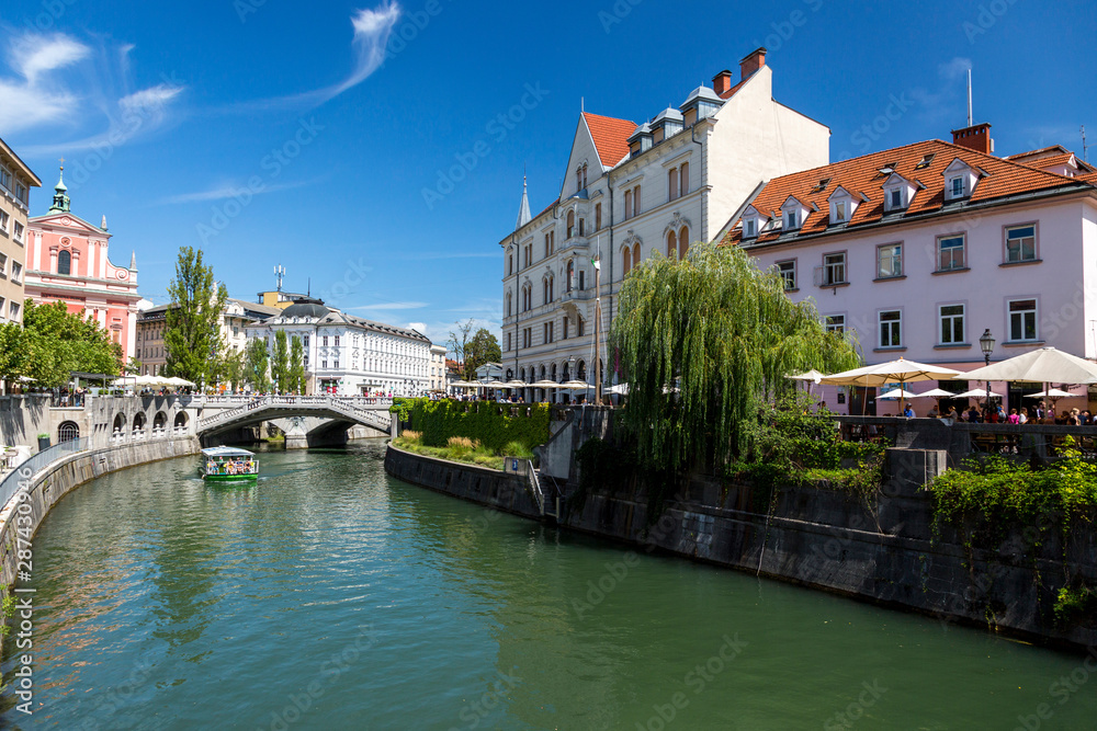 View of the embankment of the Ljubljana River in Ljubljana