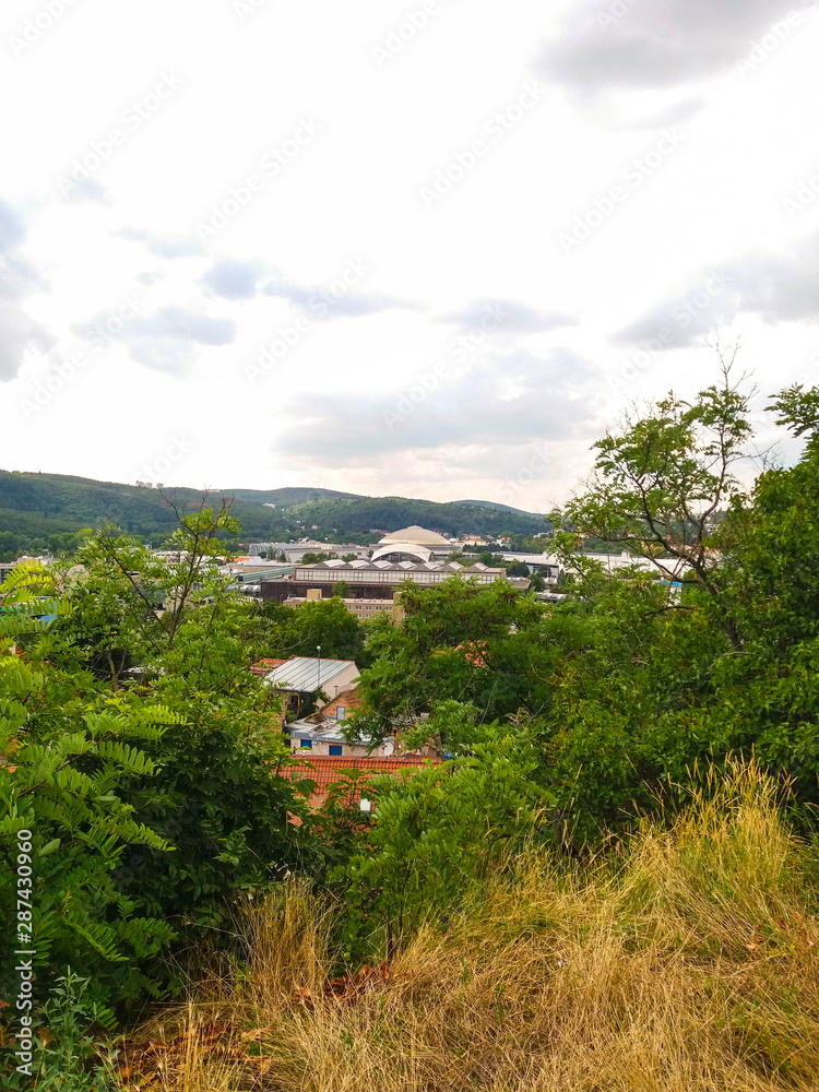 European nature with a view of the roofs of houses and structures on a summer day. European nature with a view of the roofs of houses and structures on a summer day.