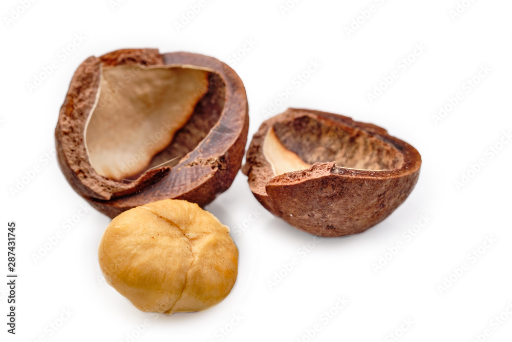 Shelled and unshelled macadamia nuts on white background Shelled and unshelled macadamia nuts on white background