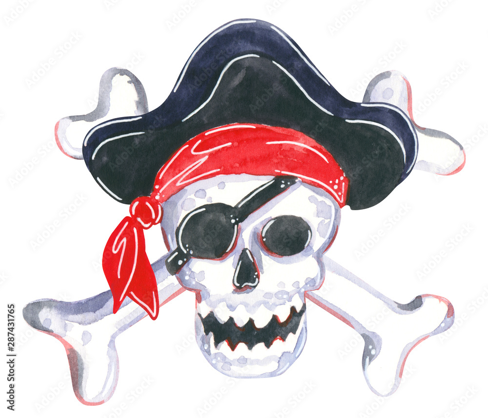 Download Watercolor Painting of Pirate Skull with Ribbons PNG