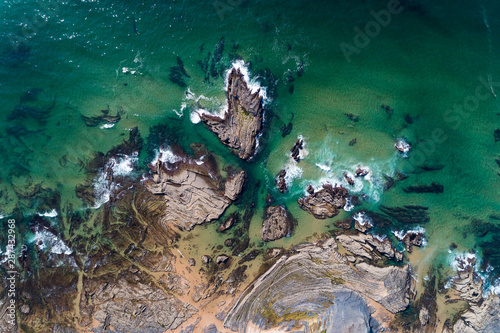 Aerial view of the rock formations at the Carreagem Beach in Aljezur, Algarve;