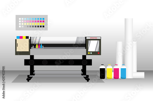 Large format Printer or plotter  with media rolls in gray room. Electronic device for making sign or banner in commercial advertising business. editable with layers vector