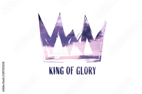 Christian worship and praise. Cloudy sky with crown and empty space. Text: KING OF GLORY photo