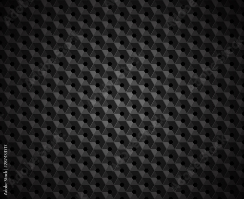 Hexagonal vector black embossed pattern. Plastic hexagon grid dark background. Hexagon cell with hole geometric pattern