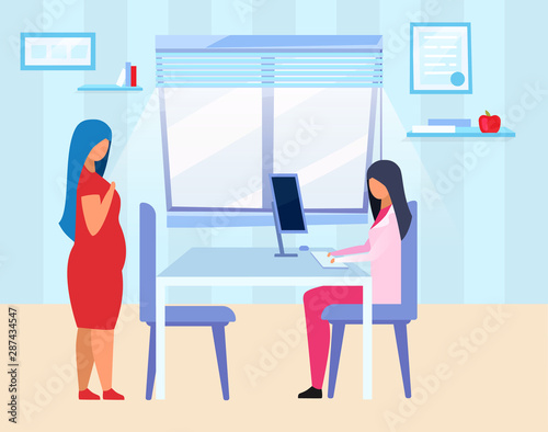 Pregnant woman visiting doctor flat vector illustration. Expectant lady consulting gynecologist cartoon character. Obese girl and nutritionist. Certified dietitian consulting overweight girl in clinic
