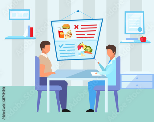 Doctor prescribing healthy diet flat vector illustration. Obese patient visiting dietitian cartoon characters. Nutritionist forbidding junk food, offering fresh vegetables, fruits, dairy products