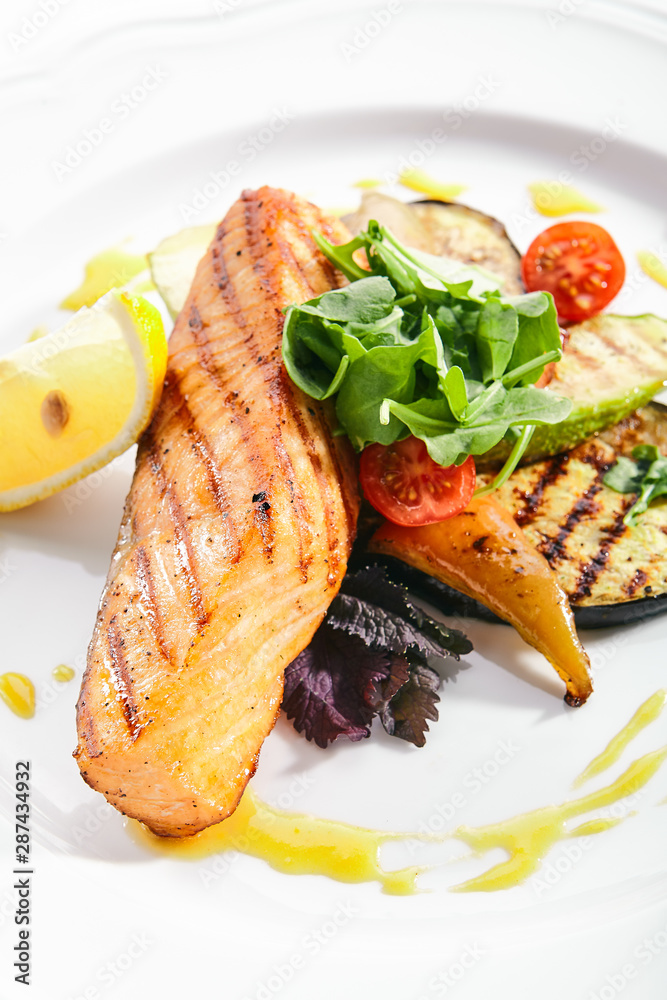 Grilled Salmon Steak or Red Fish Fillet Bbq Isolated on White Grilled Salmon Steak or Red Fish Fillet Bbq Isolated on White