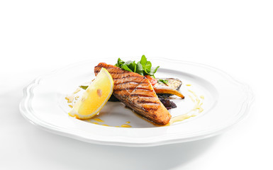 Grilled Salmon Steak or Red Fish Fillet Bbq Isolated on White