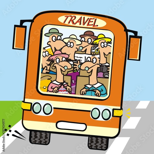 Orange bus with seniors. Front view. Vector icon. Funny illustration.