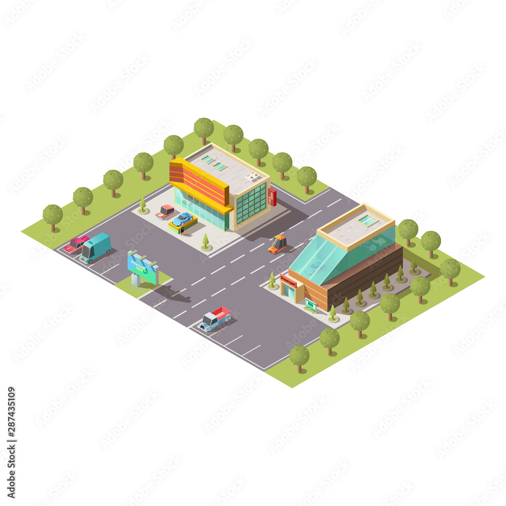 New car selling salon, passenger vehicle sale dealer showroom building exterior and parking isolated isometric vector. Modern city architecture, business real estate, cartography element illustration