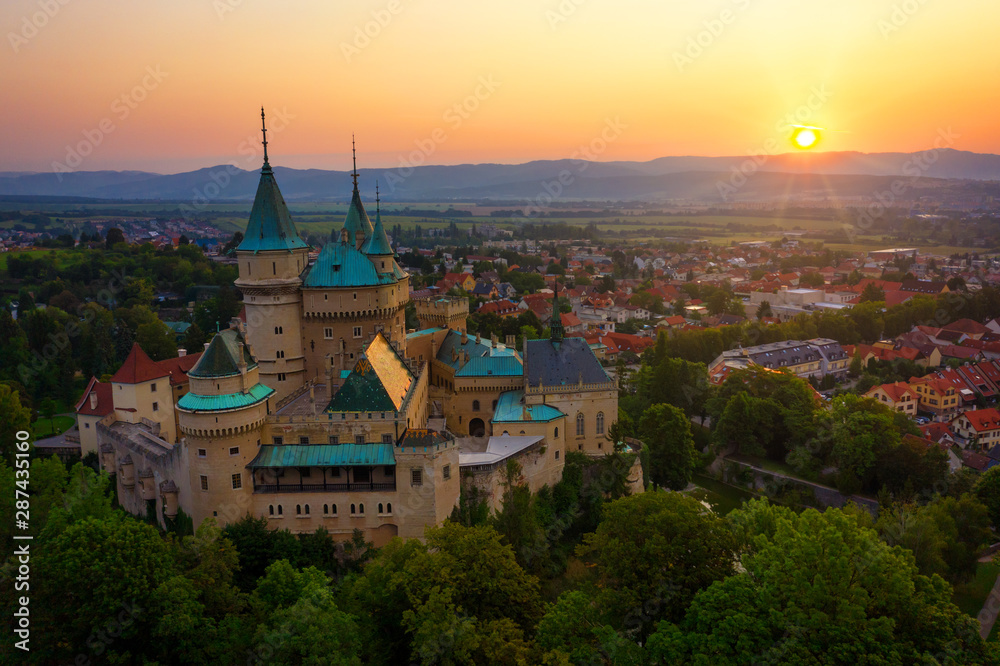 Aerial view of Bojnice medieval castle, UNESCO heritage in Slovakia at sunrise