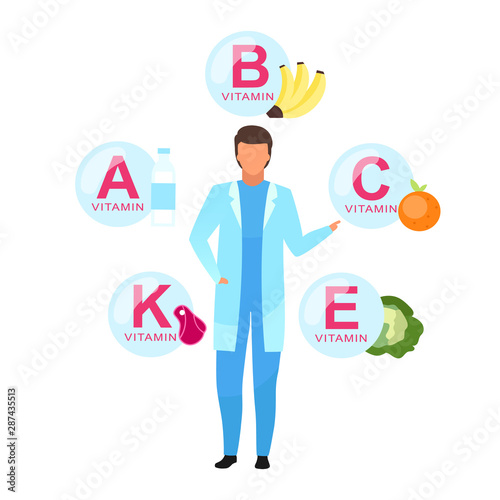 Balanced nutrition ingredients flat vector illustration. Doctor explaining vitamin sources isolated cartoon character on white background. Nutritionist offering healthy fruits, dairy, meat products
