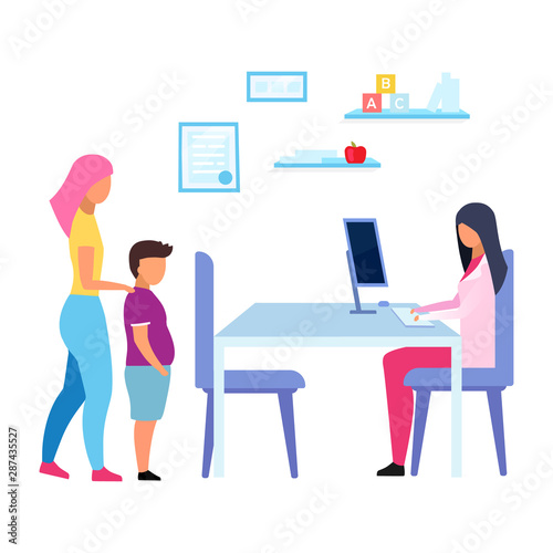 Teenage obesity problem flat vector illustration. Mother and son visiting physician, nutritionist isolated cartoon characters on white background. Dietitian consulting overweight child in hospital