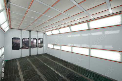 The interior of the spray booth for a cars