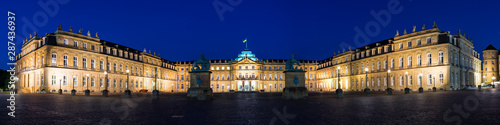 Germany, XXL panorama of downtown stuttgart city new castle building by night with blue sky in summer