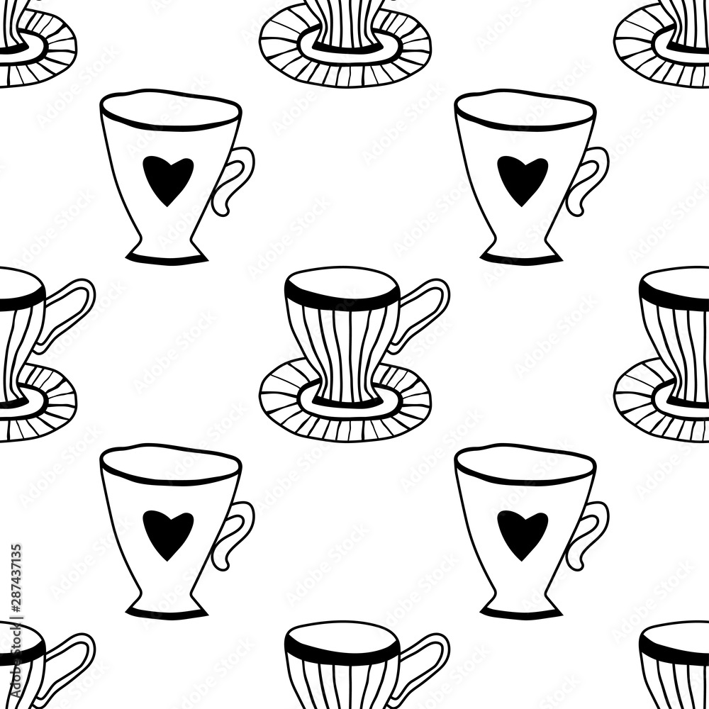 Obraz premium Black and white illustration of tea or coffee mugs. Seamless pattern for coloring book, page.