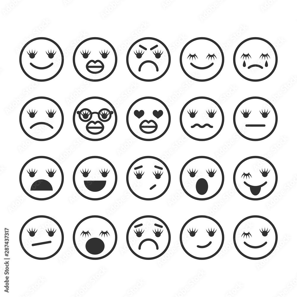 Girls emoji, emoticons with eyelashes and inflated lips. Emotional icons or symbols for communication, mood indicator. Girls emoji, emoticons with eyelashes and inflated lips. Emotional icons or symbols for communication, mood indicator.